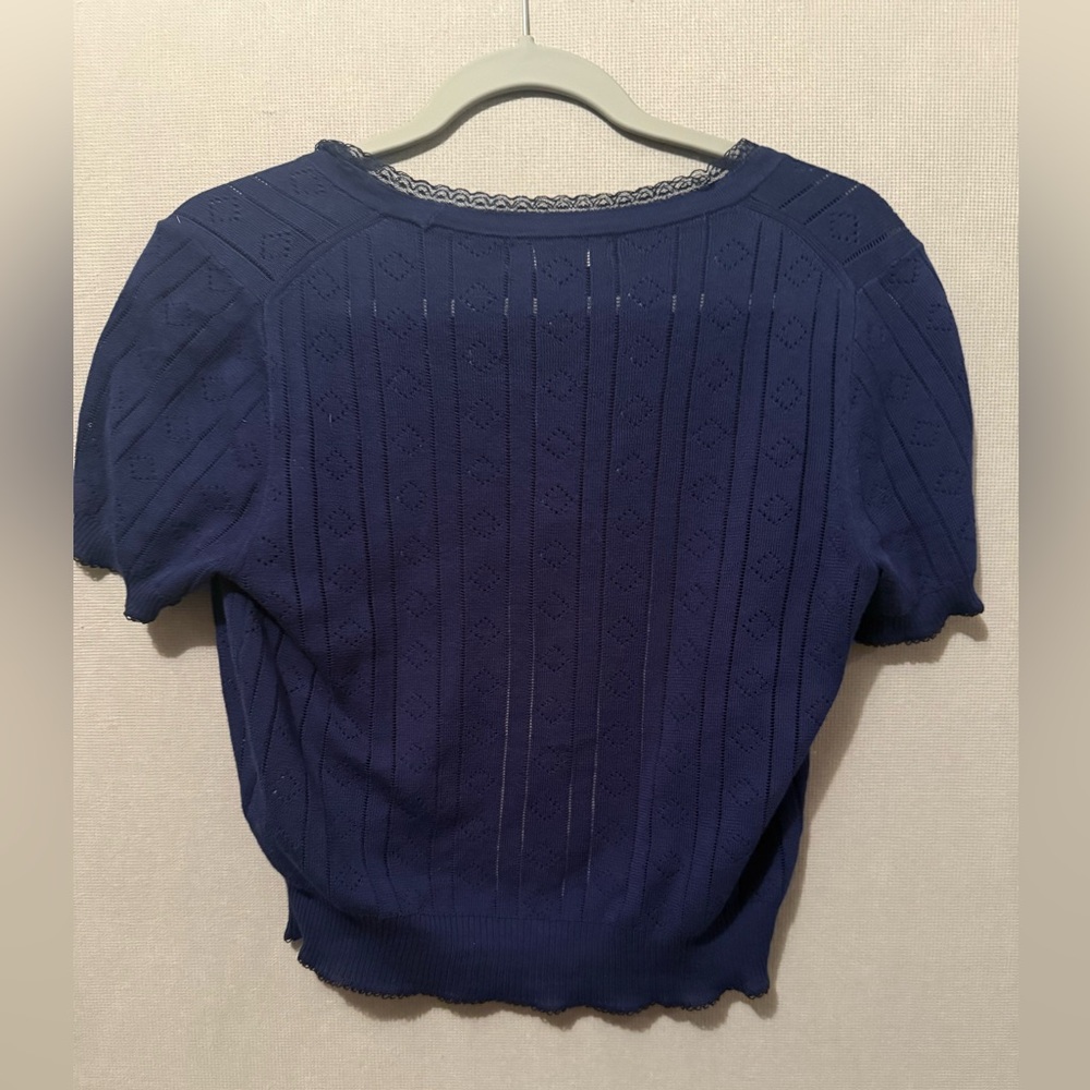 NWT J. Crew Pointelle short-sleeve V-neck cardigan ultra-fine cotton Navy Small - Picture 3 of 5